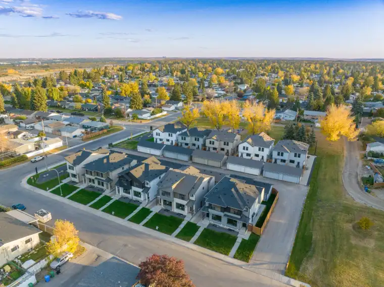 Aerial view of Cardel’s Acadia Park paired homes within a mature neighbourhood