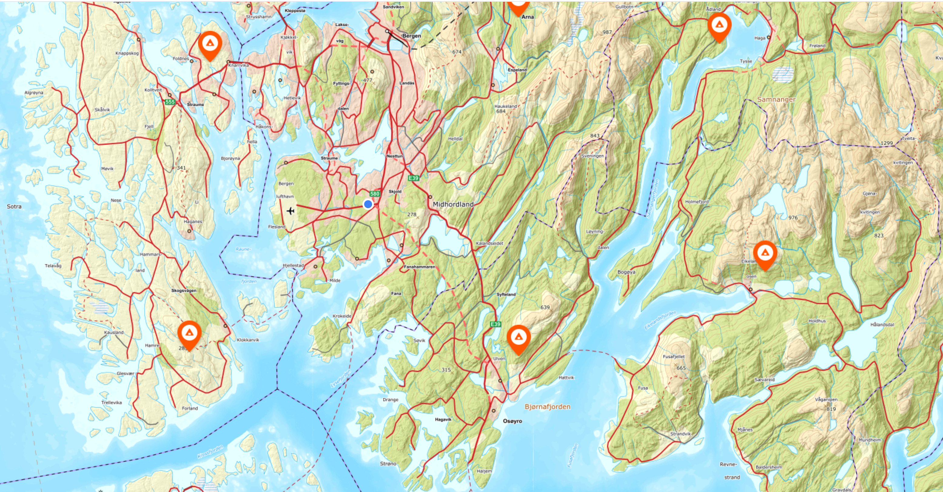 Bilde av et kart med dagsturhytter