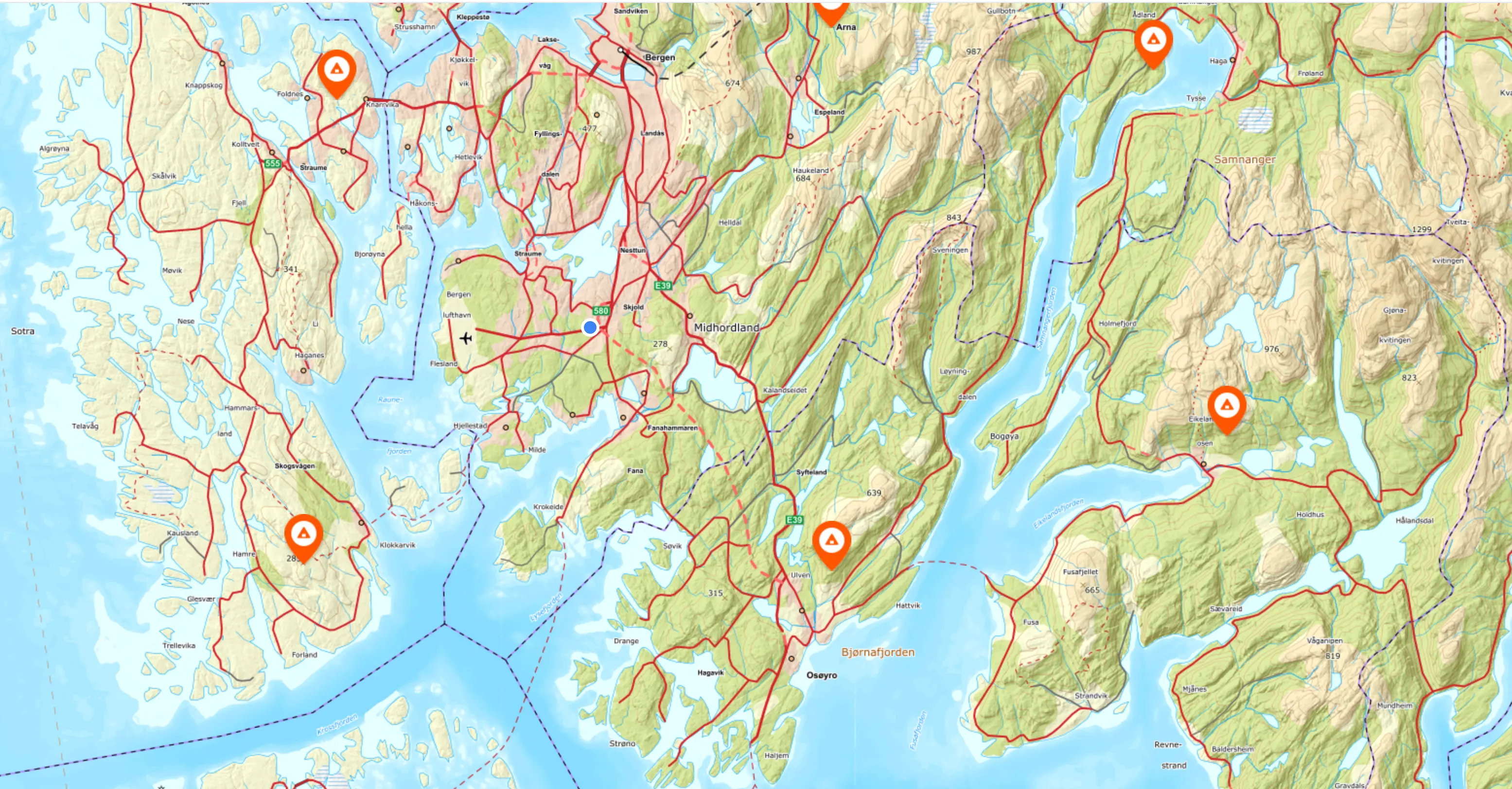 Bilde av et kart med dagsturhytter