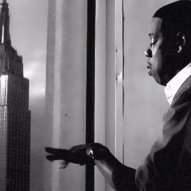 JAY-Z looks out the window at the Empire State Building