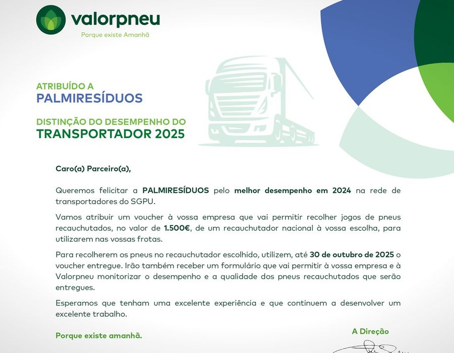 VALORPNEU: Distinção desempenho transportador 2025