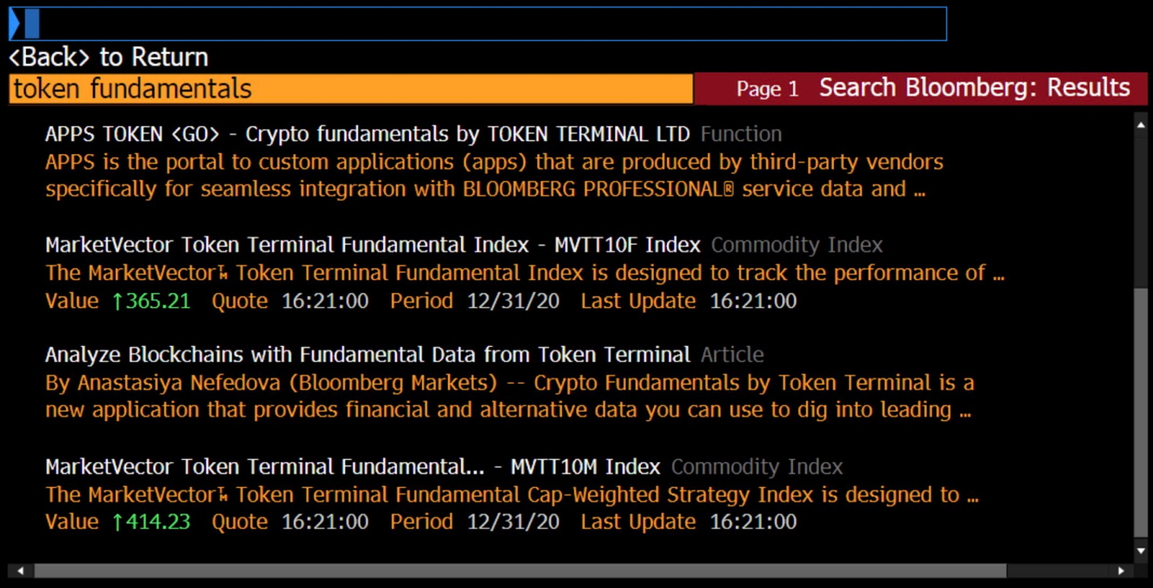 Crypto Fundamentals Application @ Bloomberg Terminal.