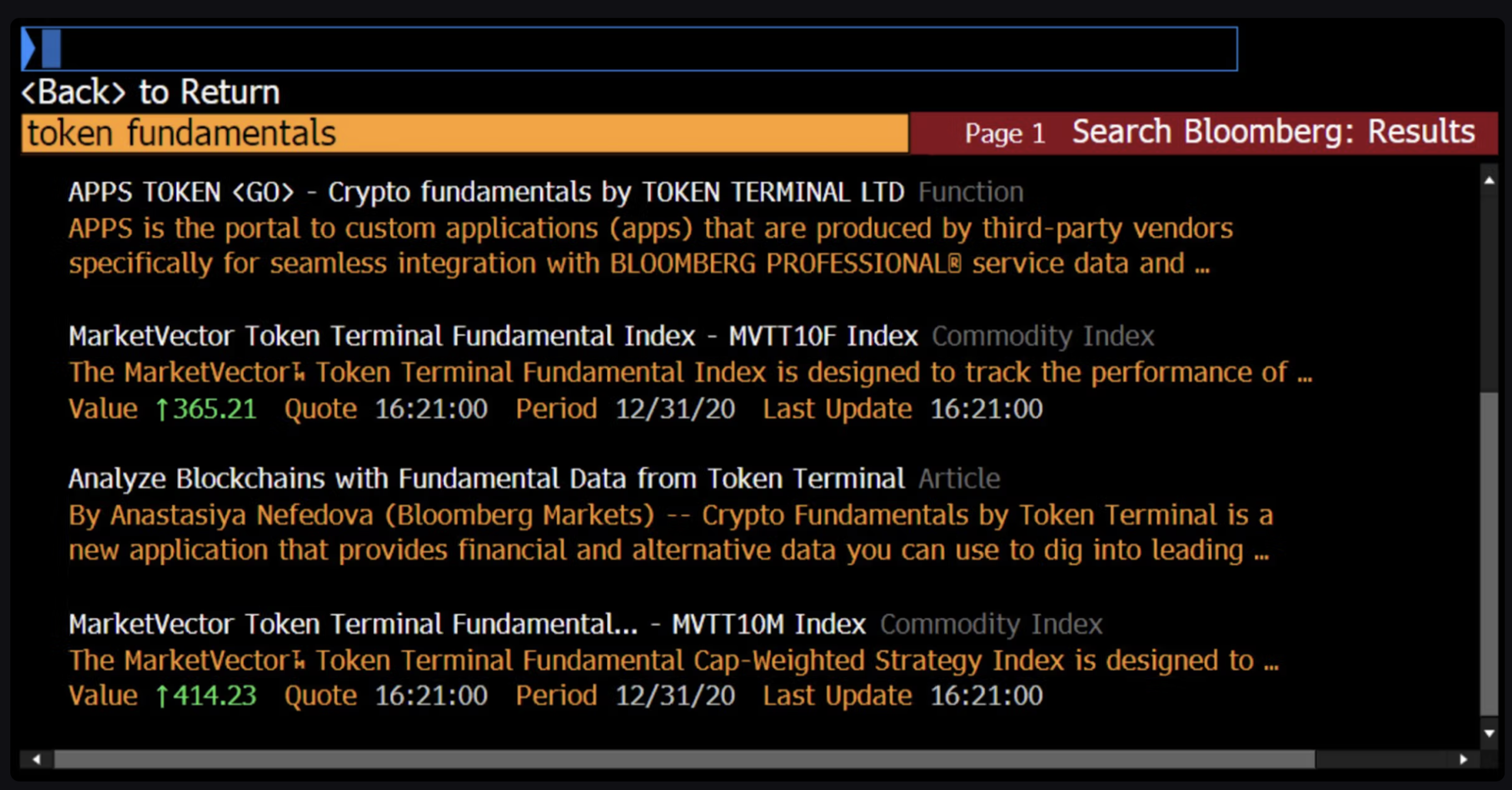 Crypto Fundamentals Application @ Bloomberg Terminal.