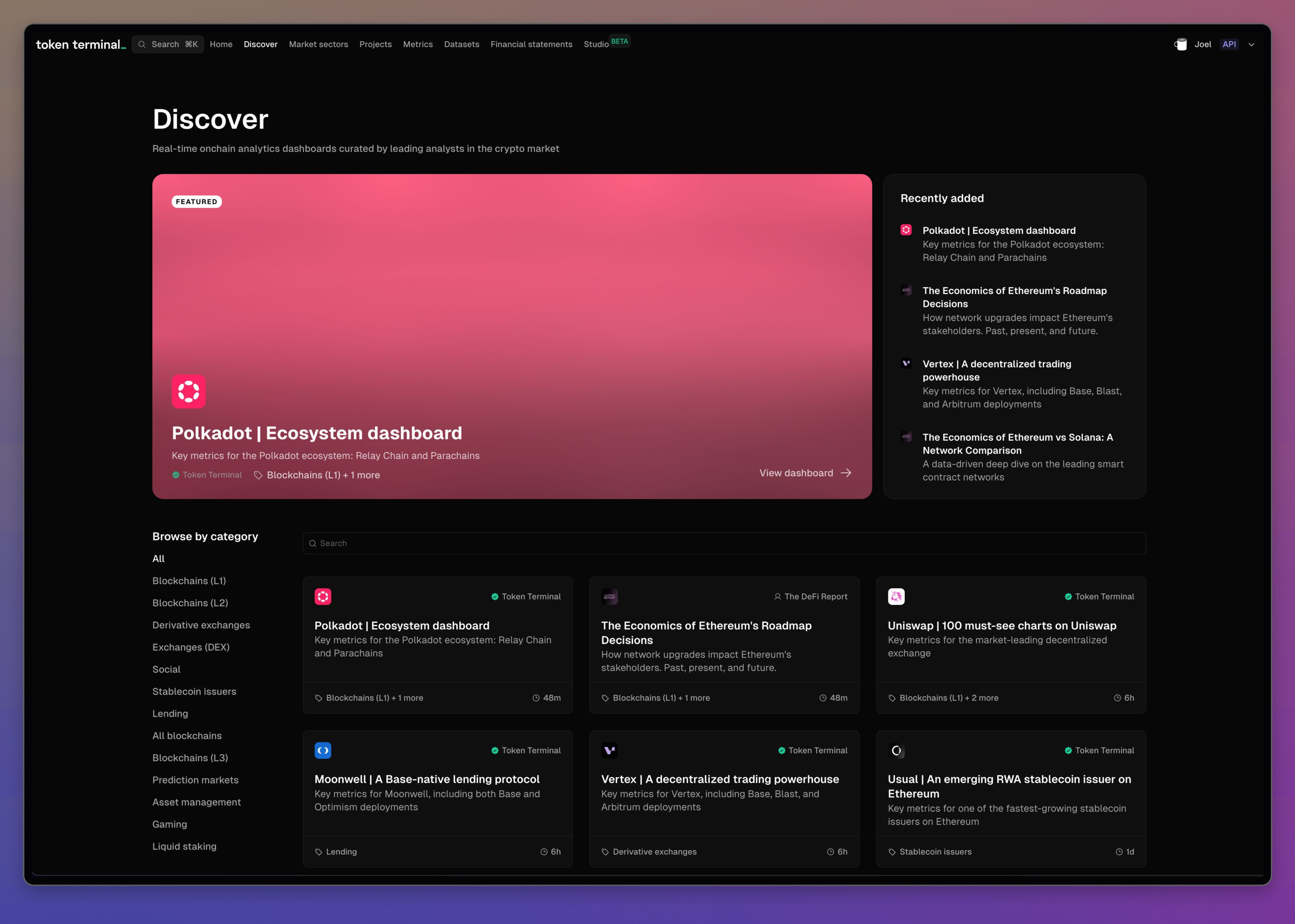 The Discover page for Token Terminal, showing dashboards covering many crypto projects and topics.