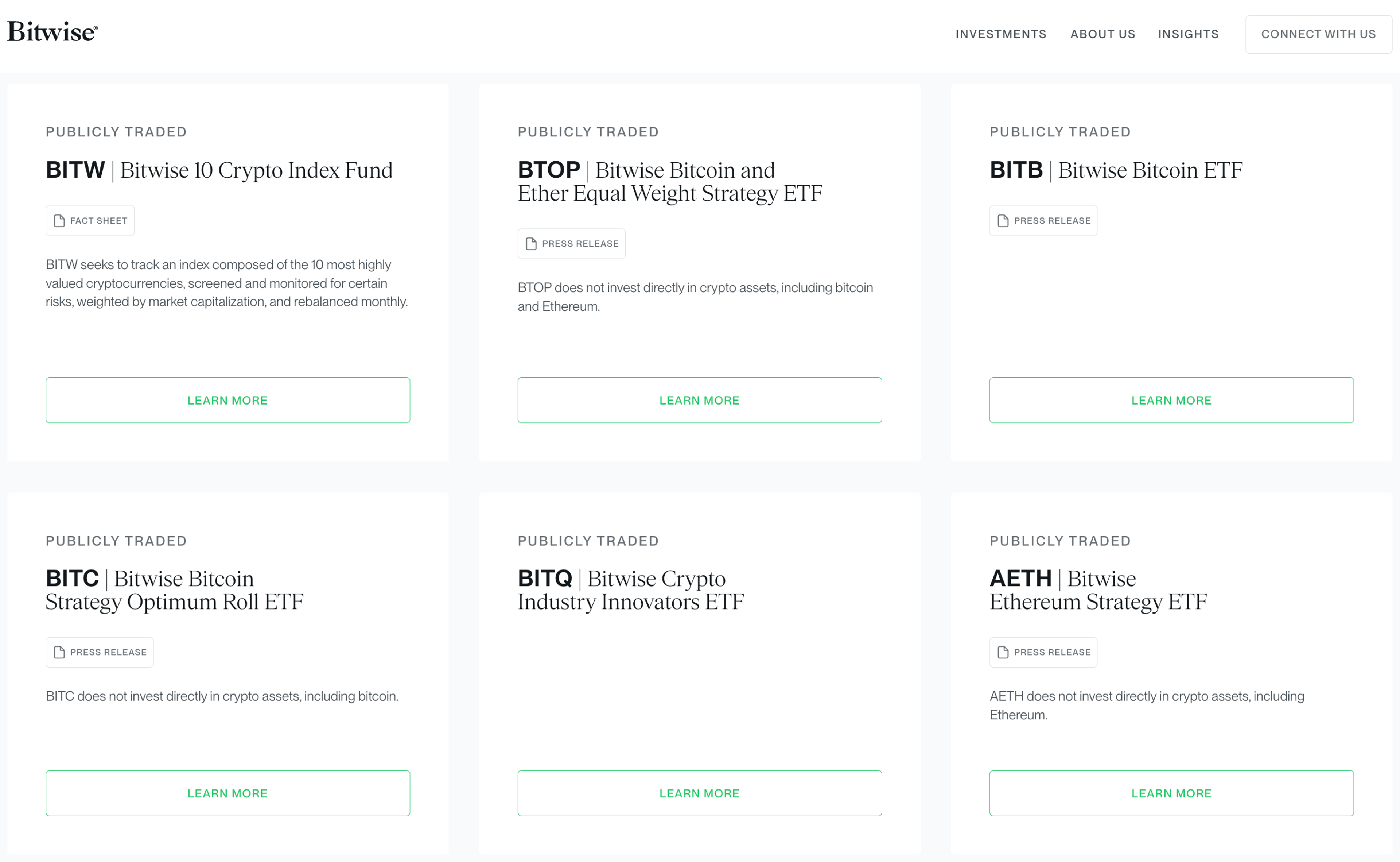 An overview of some of Bitwise's investment products.