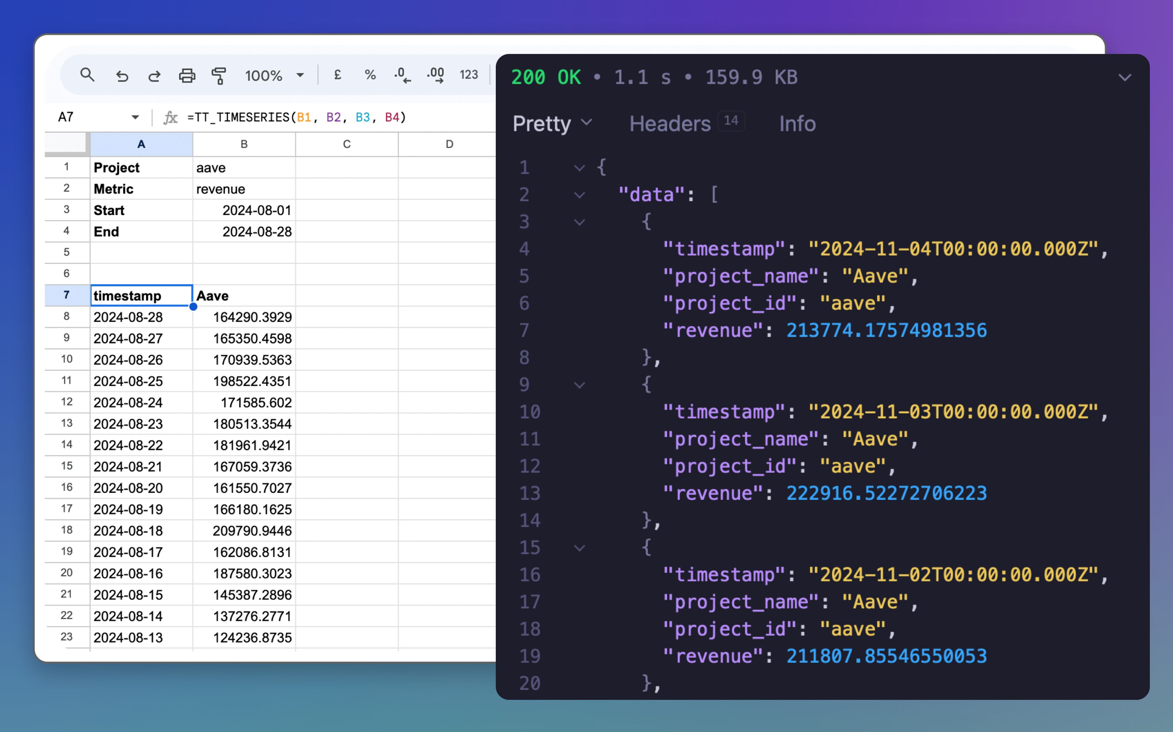 A view of Token Terminal data being pulled into a Google Sheet