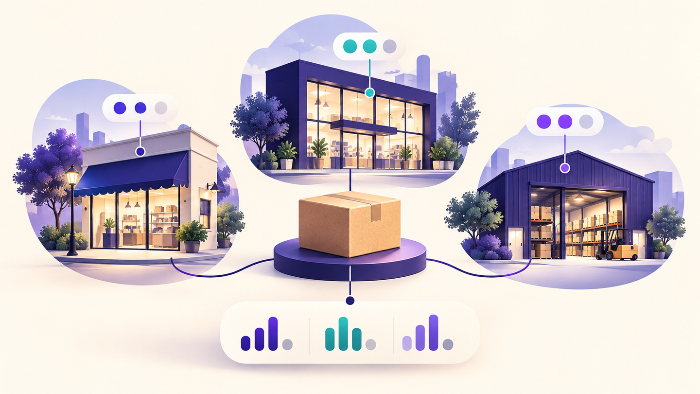 Ilustración de un producto y sus existencias distribuidas entre dos locales y un depósito