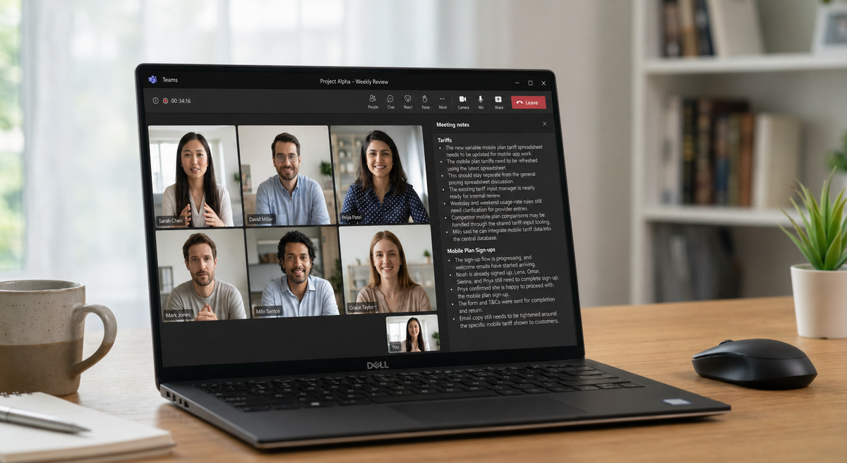 A laptop screen showing a Microsoft Teams meeting in progress, with a text panel alongside the video grid showing structured meeting notes — action items and decisions visible, in a clean, readable layout.