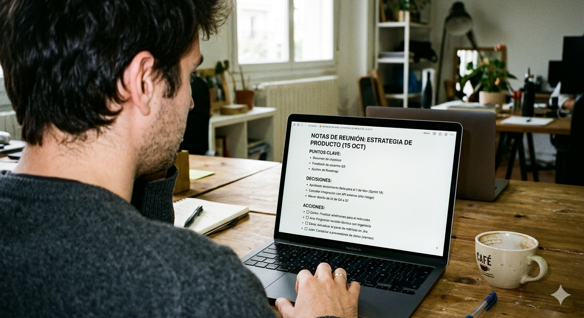 A person reading meeting notes in their own language.