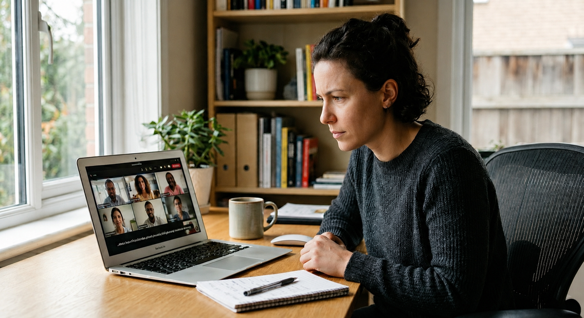 Person at a desk, leaning slightly forward toward a laptop screen showing a video call with multiple participants, expression focused and attentive — the look of someone concentrating hard to follow a conversation in another language.