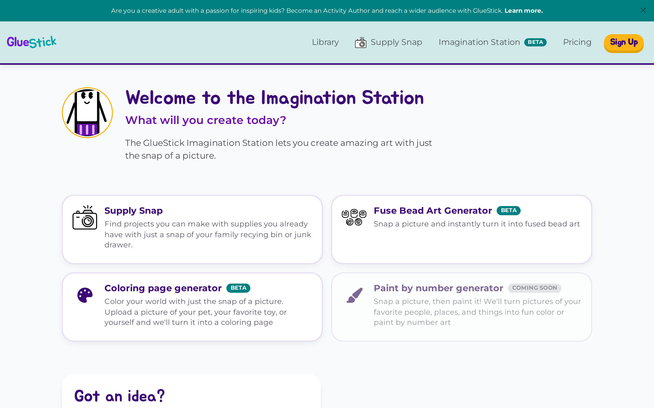 Imagination Station hub showing the Coloring page generator and Fuse Bead Art Generator tiles