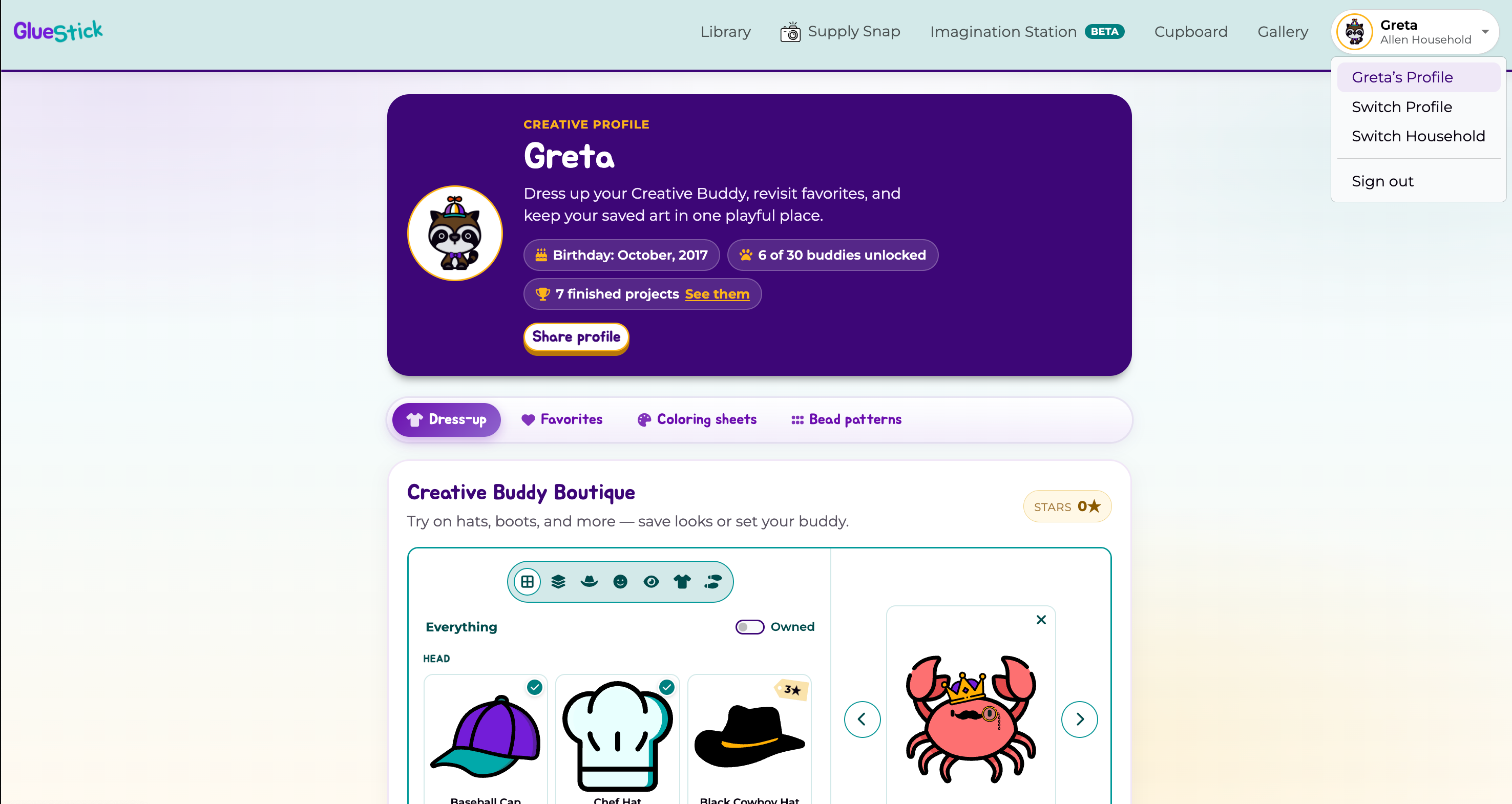 A GlueStick user profile with the Dress Up tab selected and the Profile menu opened and highlighting how to access this page