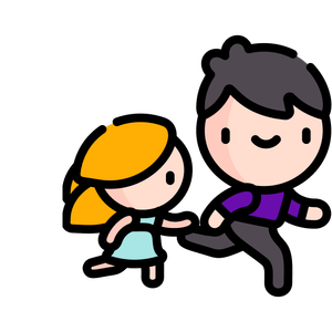 A cartoon boy and girl running side by side