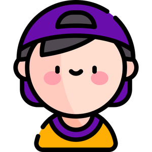 A cartoon boy in a purple hat and yellow shirt