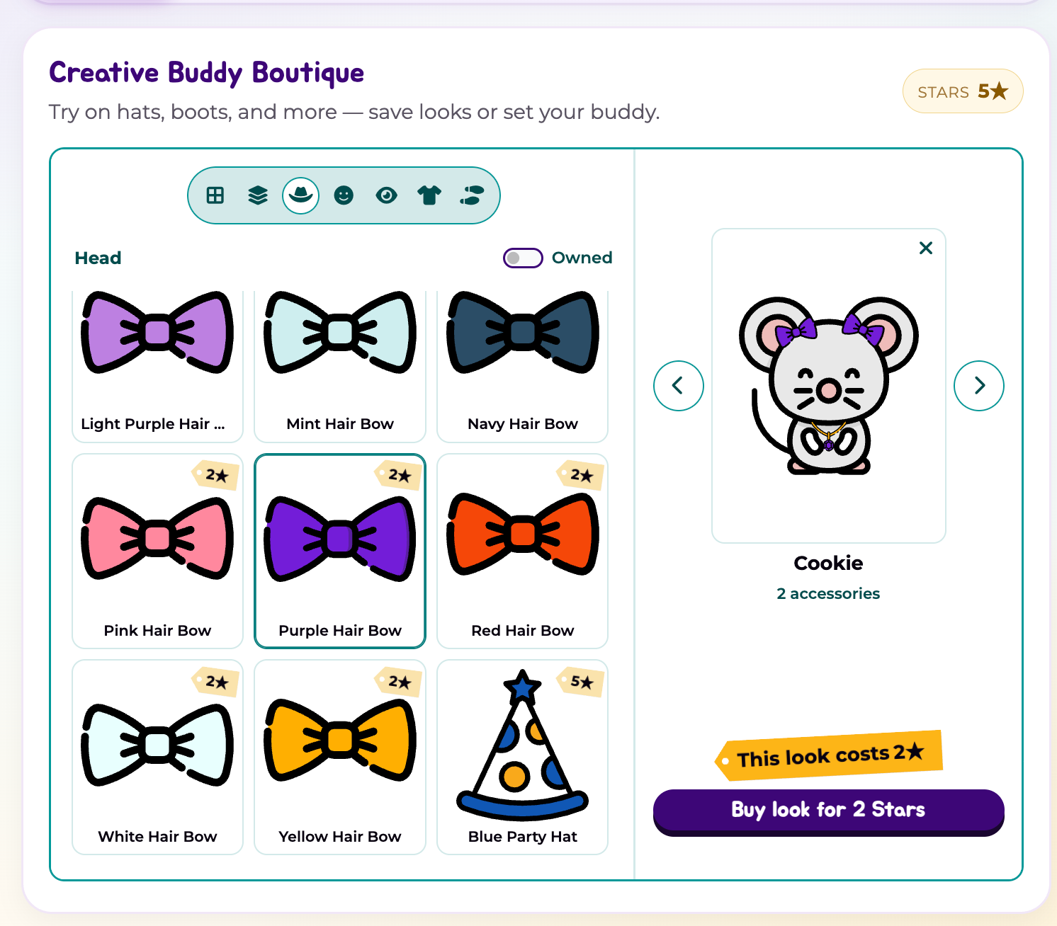 The Buddy Boutique with Cookie the mouse in the dressing area, trying on a pendant and hair bows.