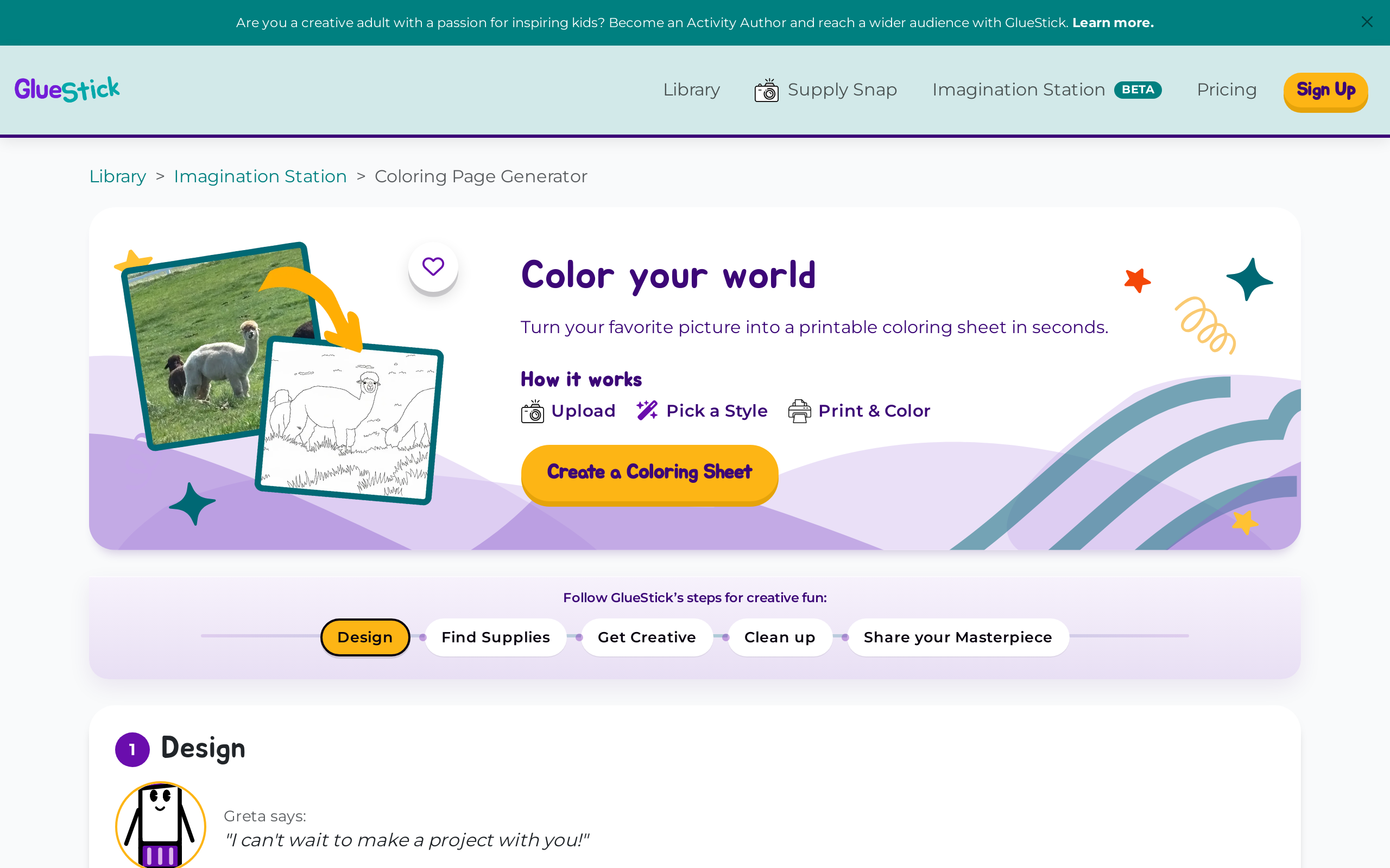 Coloring Page Generator hero with How it works steps and Create a Coloring Sheet button