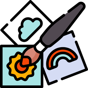 A cartoon paint brush painting pictures of clouds, suns, rainbows
