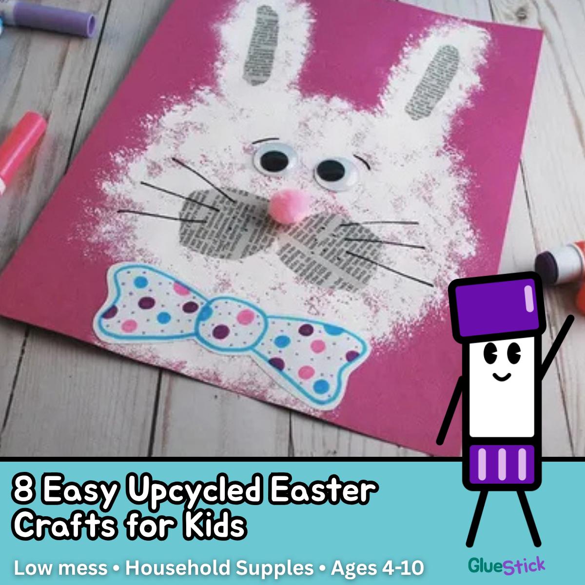 A newspaper bunny craft with the title 8 Easy Upcycled Easter Crafts for kids and the GlueStick mascot and logo
