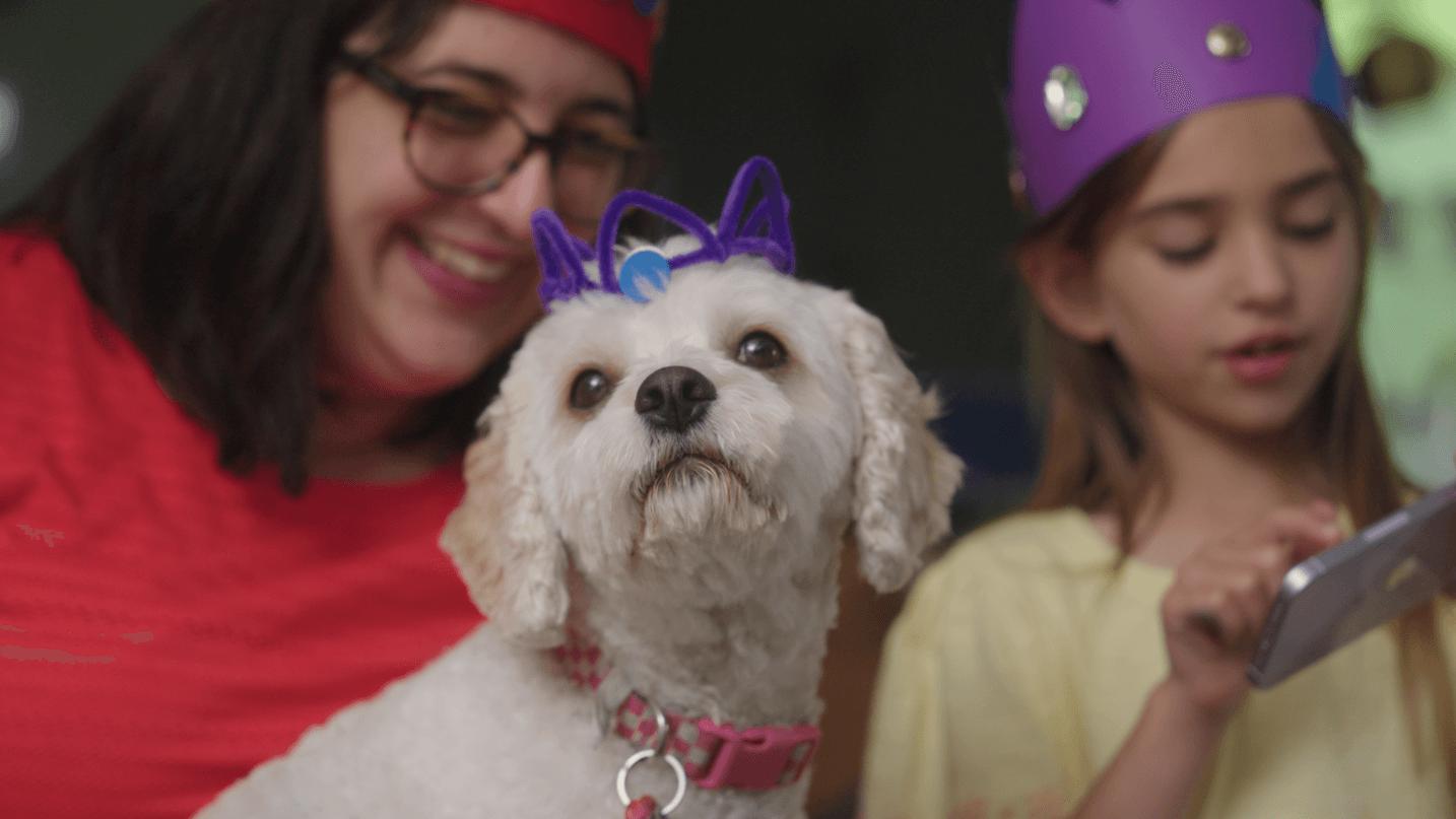 A family wearing handmade crowns uses the GlueStick app while their white dog shows off her pipe cleaner crown