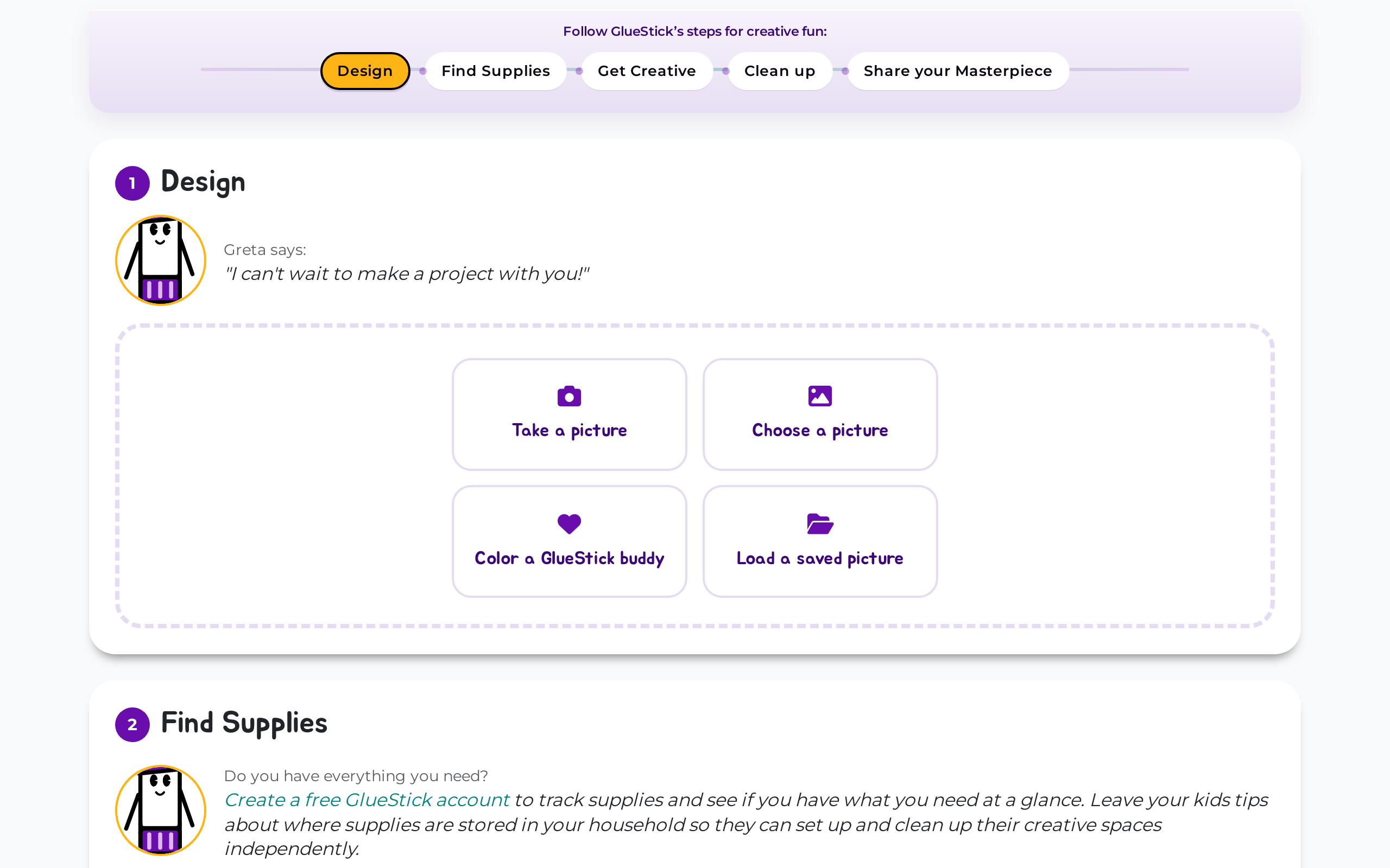 Design step with Take a picture, Choose a picture, Color a GlueStick buddy, and Load a saved picture