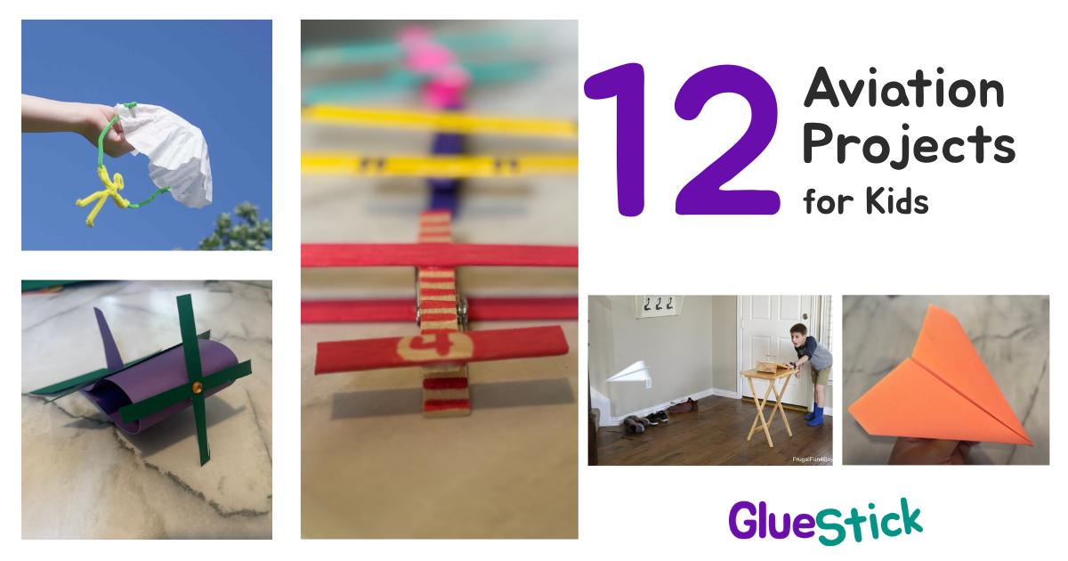 A collage of airplane and parachute crafts with the title 12 Aviation Projects for Kids