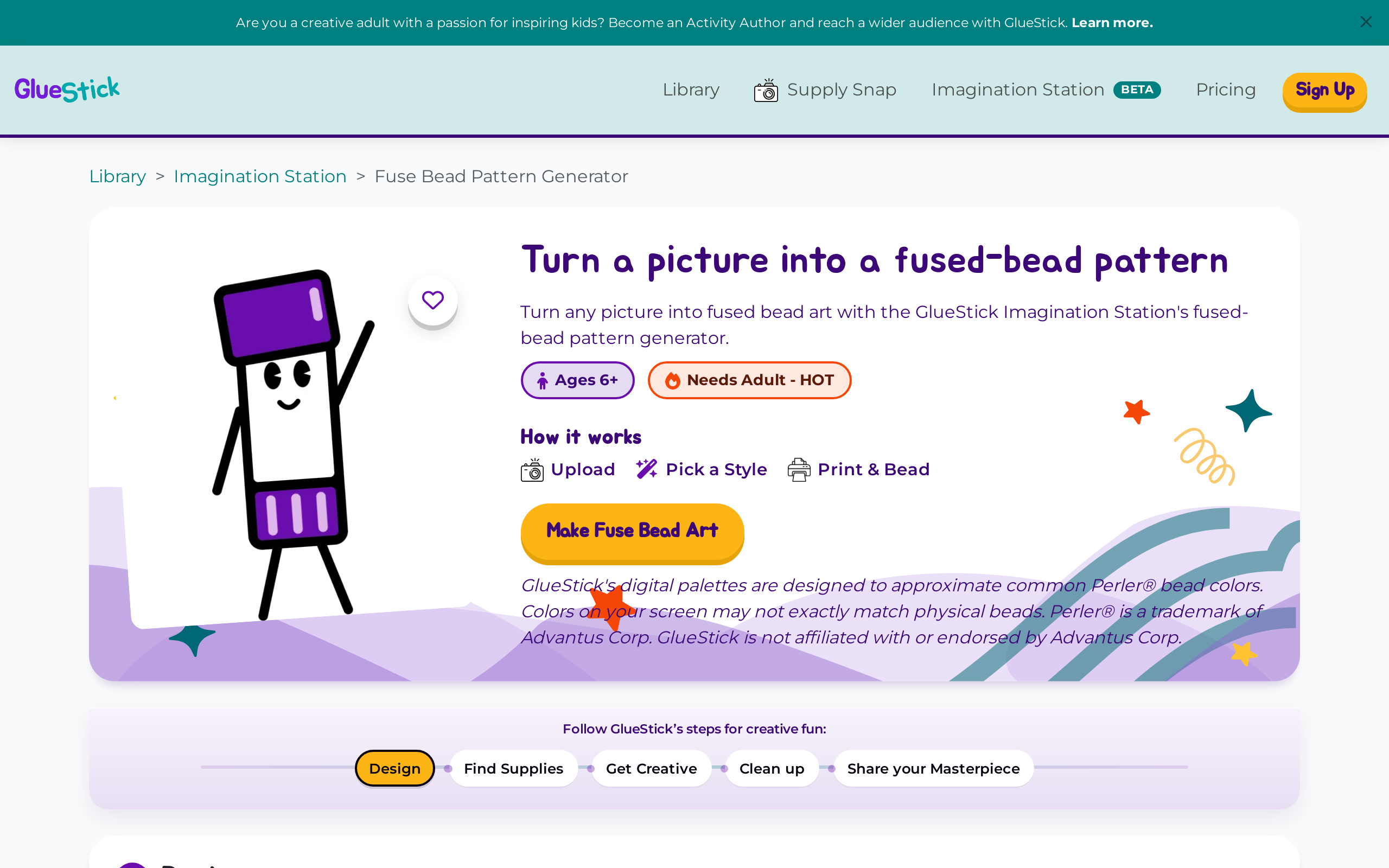 Fuse Bead Pattern Generator hero showing Ages 6+ and Needs Adult HOT badges