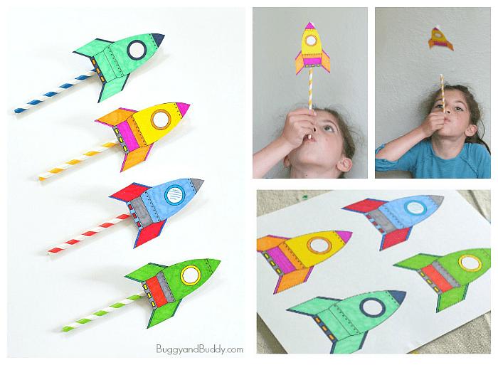 Printable paper rockets that launch from the end of a straw