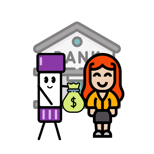 A glueStick cartoon character paying a woman in front of a bank