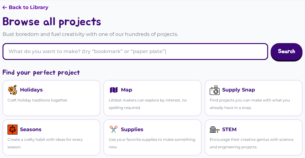 Browse all projects page with search and Find your perfect project tiles for Holidays, Map, Supply Snap, Seasons, Supplies, and STEM