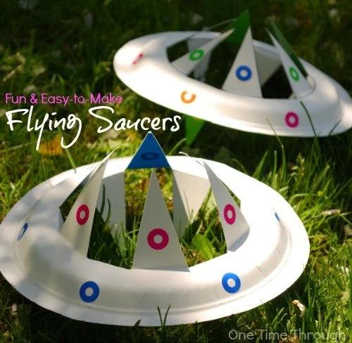 UFOs made from paper plates with the title Fun & Easy-to-Make Flying Saucers