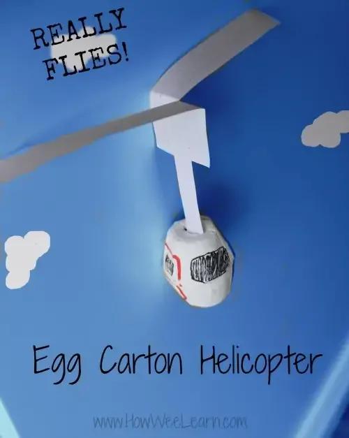 A helicopter made from an egg carton and paper
