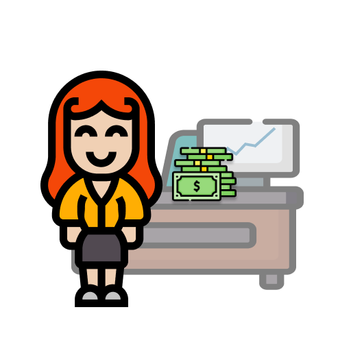 A cartoon GlueStick author standing in front of her desk with a pile of money