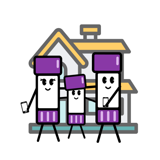 A family of GlueStick characters holding phones standing in front of a house