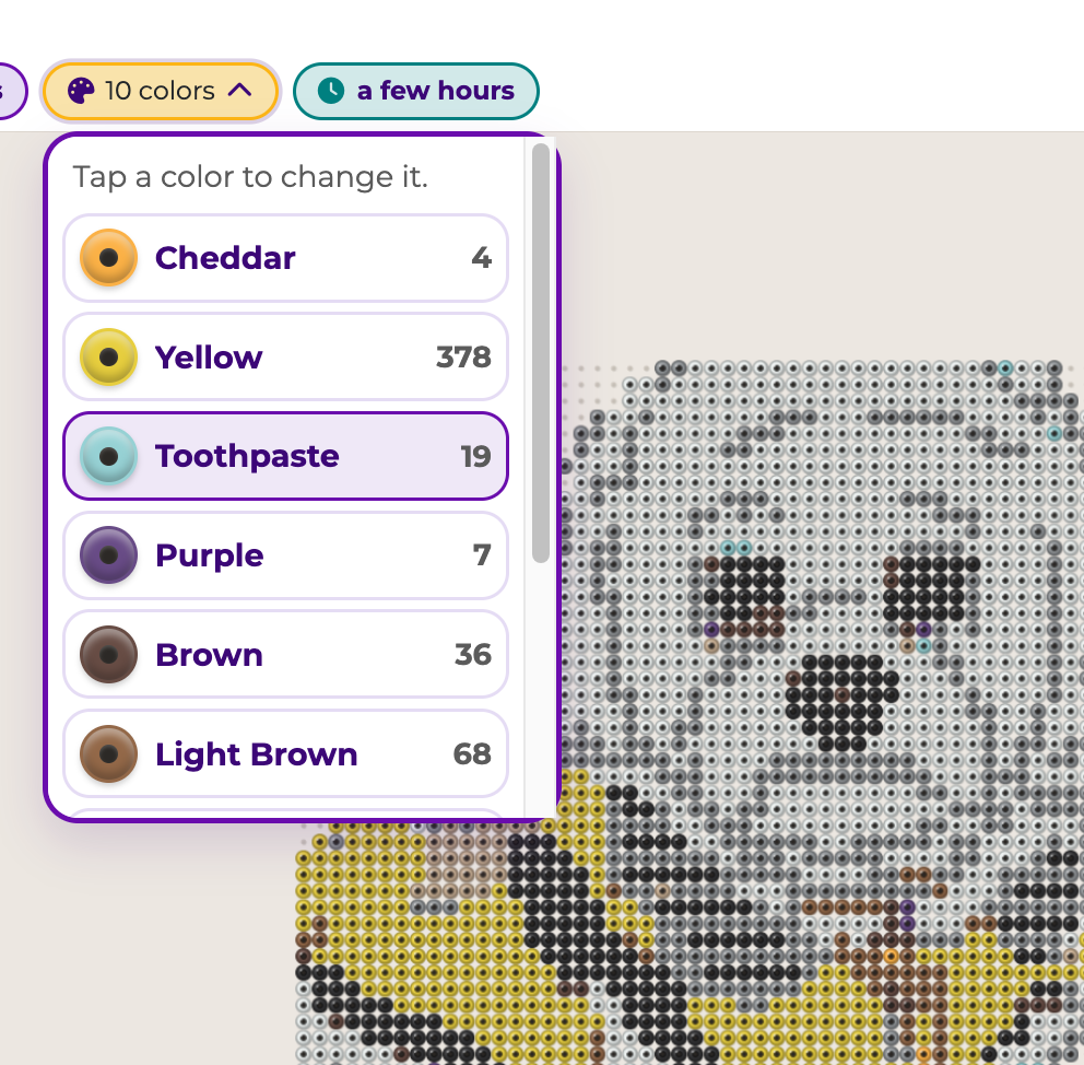Use the Color menu at the top of the pegboard to easily change bead colors in bulk