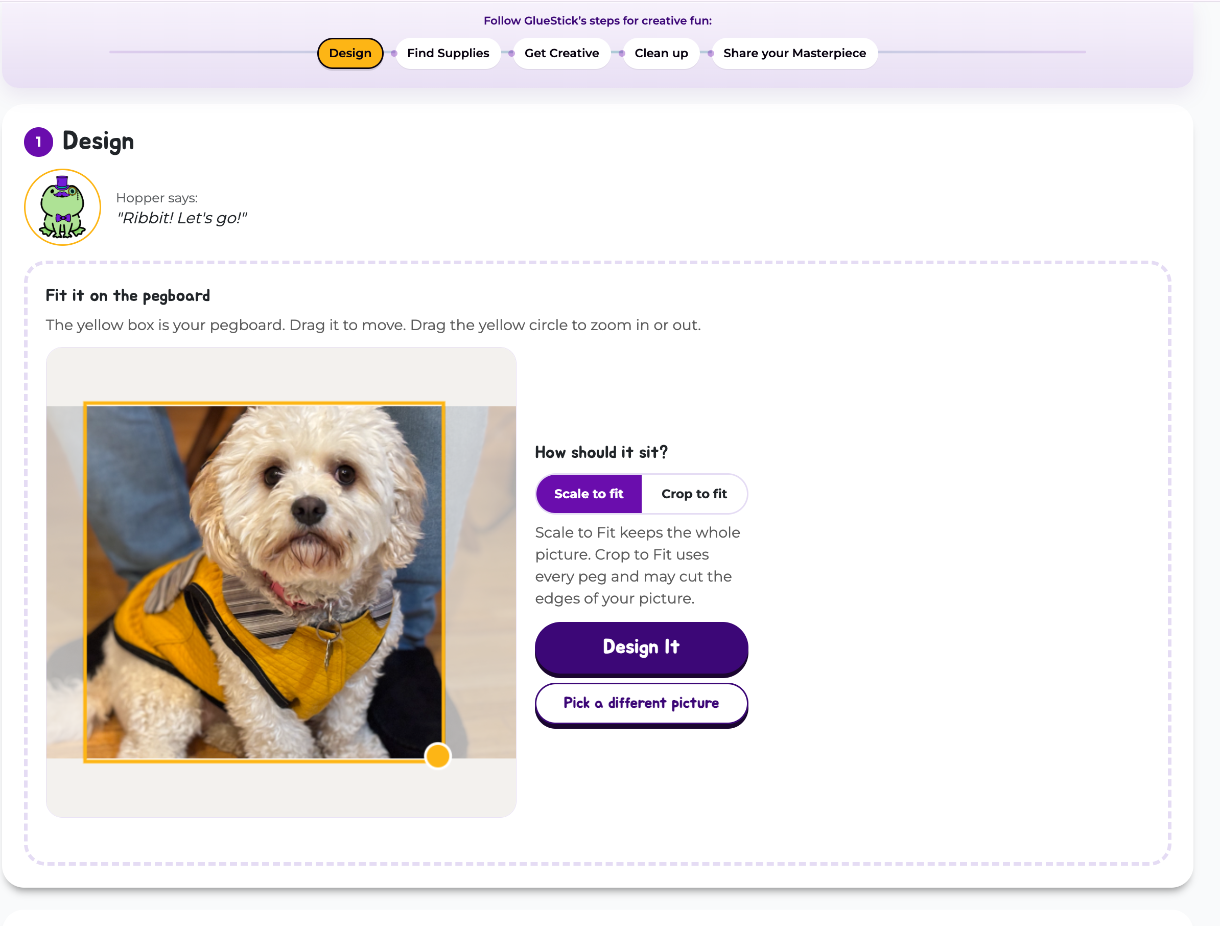 A photo of a white dog in a yellow coat is being cropped for use in the GlueStick Fuse Bead Art Generator Tool
