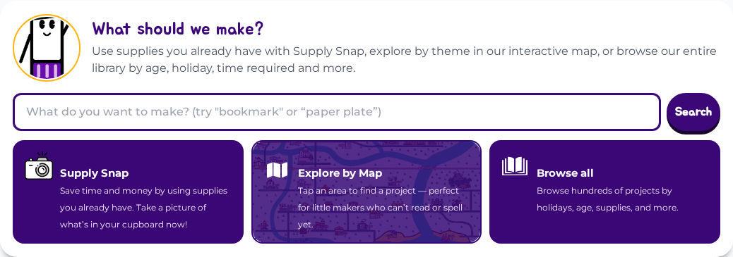 What should we make? toolkit with a search box and Supply Snap, Explore by Map, and Browse all doors