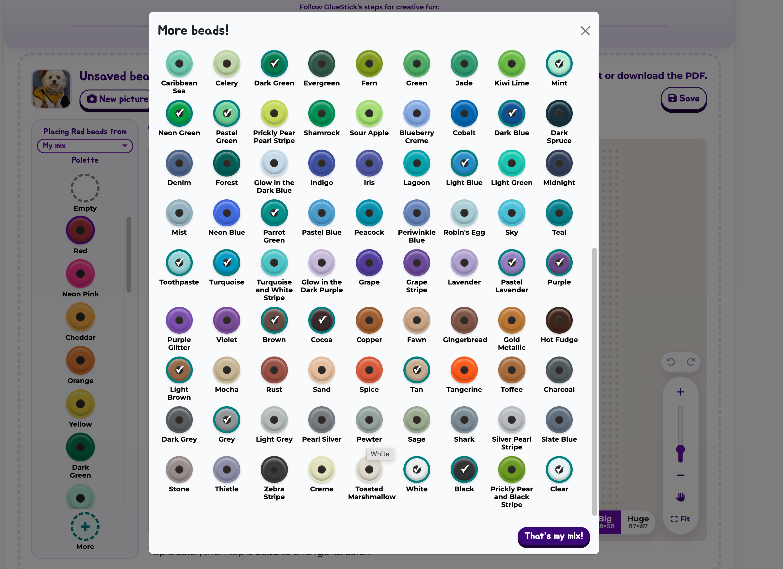 Selecting a custom mix from the More beads menu