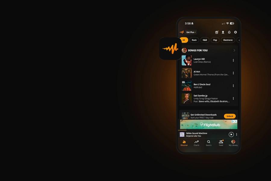 Audiomack Discover screen with an AdMob banner ad