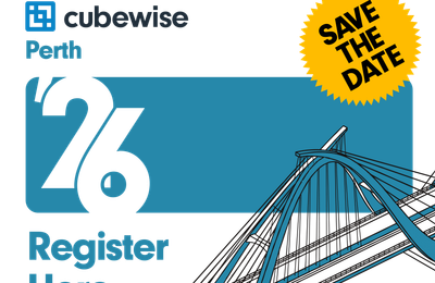 Promotional graphic for the TM1 and Planning Analytics Conference in Perth, featuring Cubewise branding. Bold text announces “26 Register Here” alongside a yellow starburst reading “Save the Date.” A stylized illustration of Perth’s Matagarup Bridge stretches across the lower half of the design, set against a black and blue background.