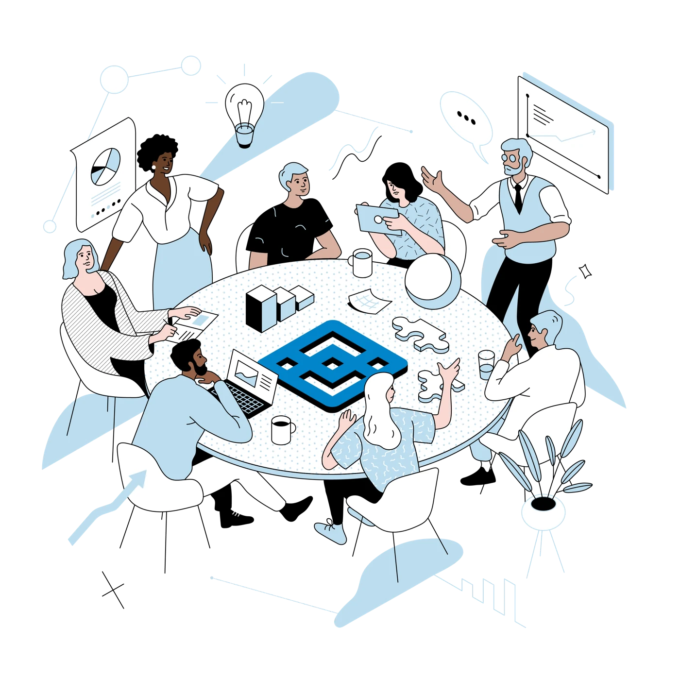 Illustration of a Cubewise team around a table with a lightbulb overhead and the Cubewise cube at the center