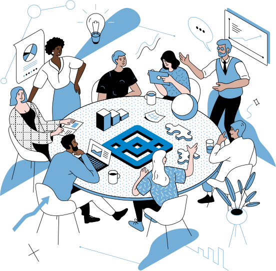 A two-color line illustration of a diverse team collaborating around a table. A square-shaped, tiered 3D model with a geometric diamond center is on the table, surrounded by puzzle pieces, a globe, and other objects. Team members are holding laptops, a tablet, and taking notes, with a standing presenter gesturing toward a line graph. Connecting lines, nodes, and a large lightbulb graphic surround the group.