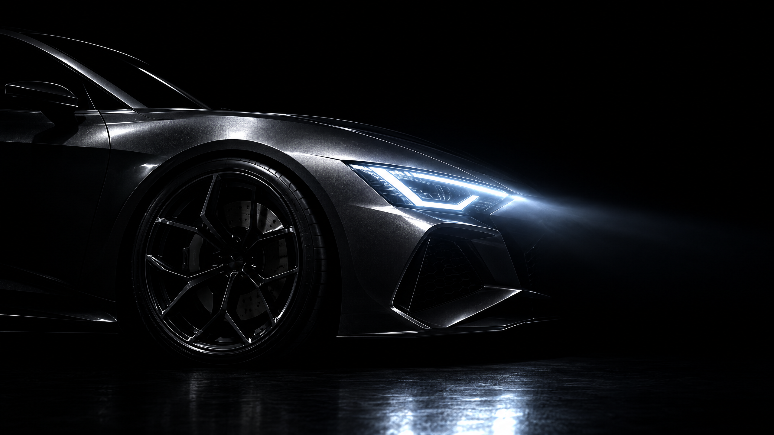 Custom LED headlight build featuring sharp geometric daytime running lights on a sports car. Flawless aftermarket automotive lighting upgrades and front-end illumination styling by expert technicians in Houston, TX.