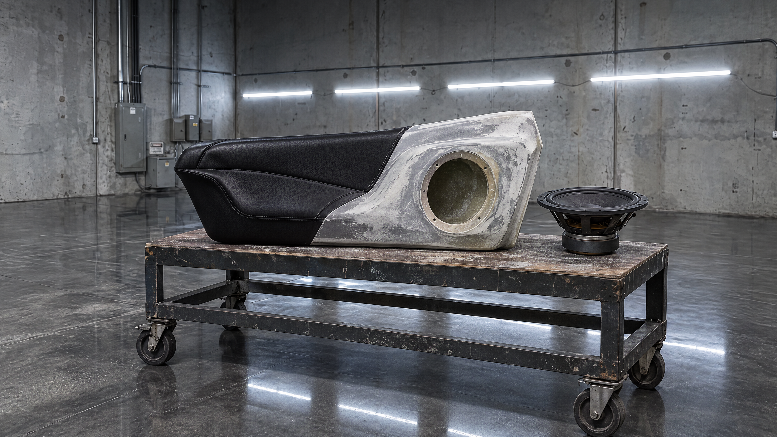 Custom fiberglass speaker pods and subwoofer enclosure fabrication in Houston, TX. Handcrafted leather-wrapped door pods and bespoke enclosure design for exotics, trucks, and luxury vehicles across Texas.