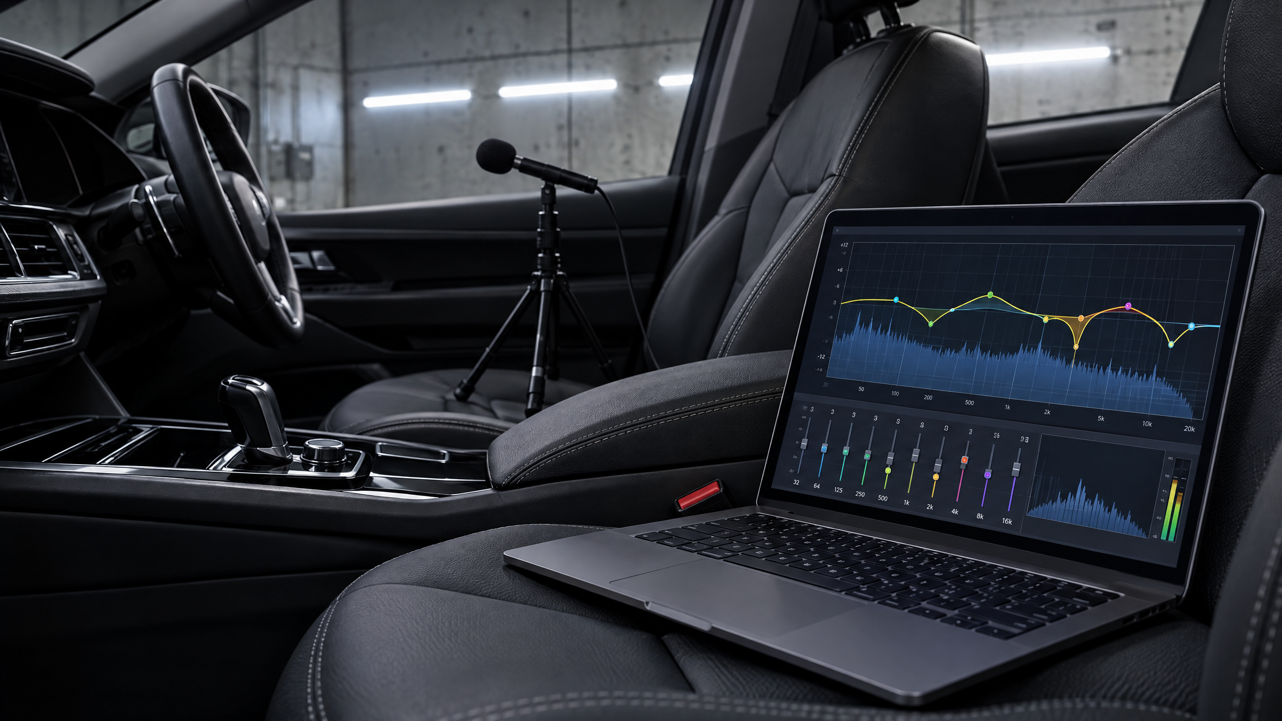 Digital Signal Processor (DSP) acoustic microphone tuning in Houston, Texas. Professional car audio time alignment, EQ curve calibration, and soundstage tuning near Katy and The Woodlands.