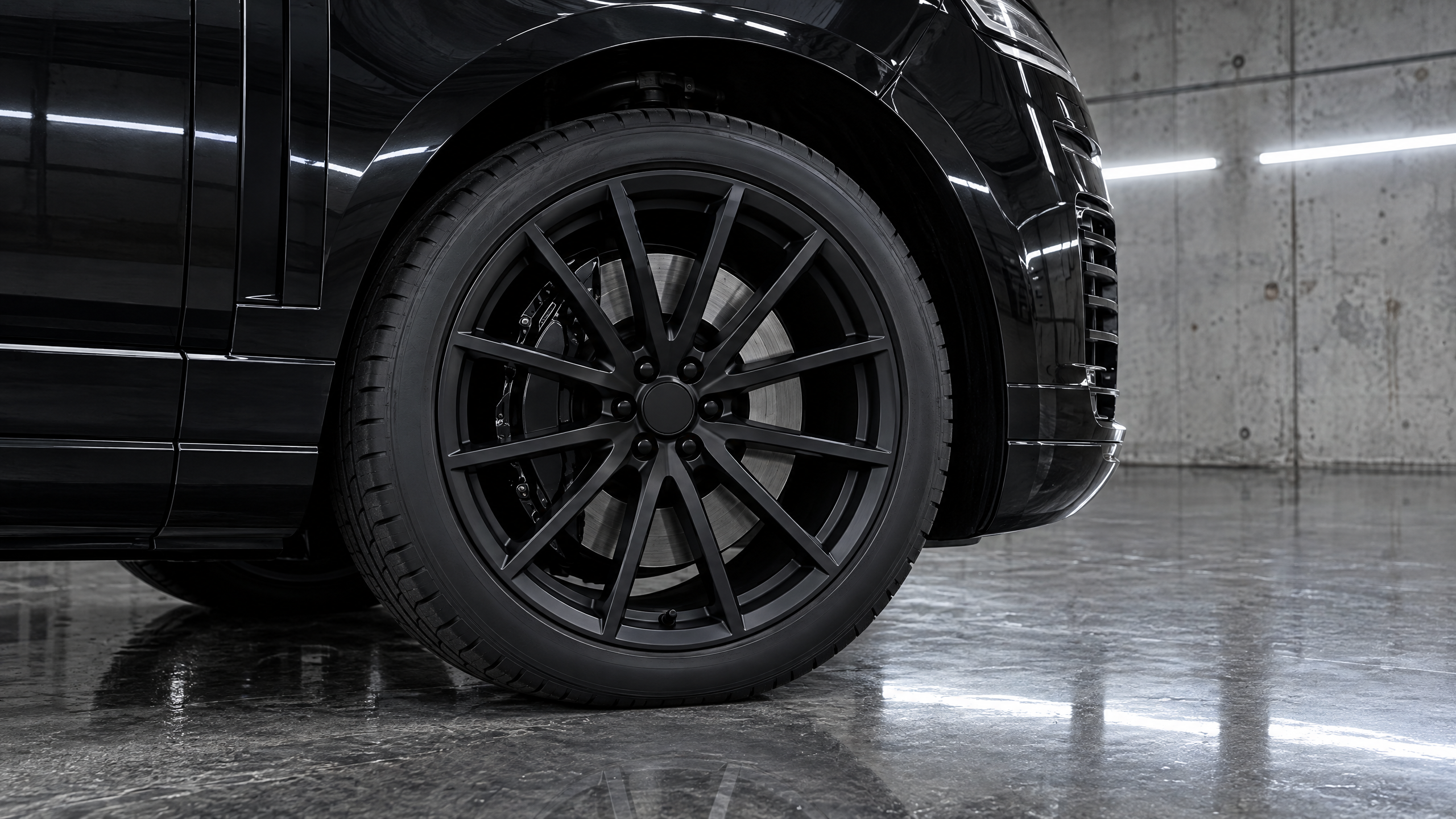 Satin black custom wheels and matching blackout hardware on a luxury SUV in Houston, TX. Professional wheel finishing and stealth exterior detailing.