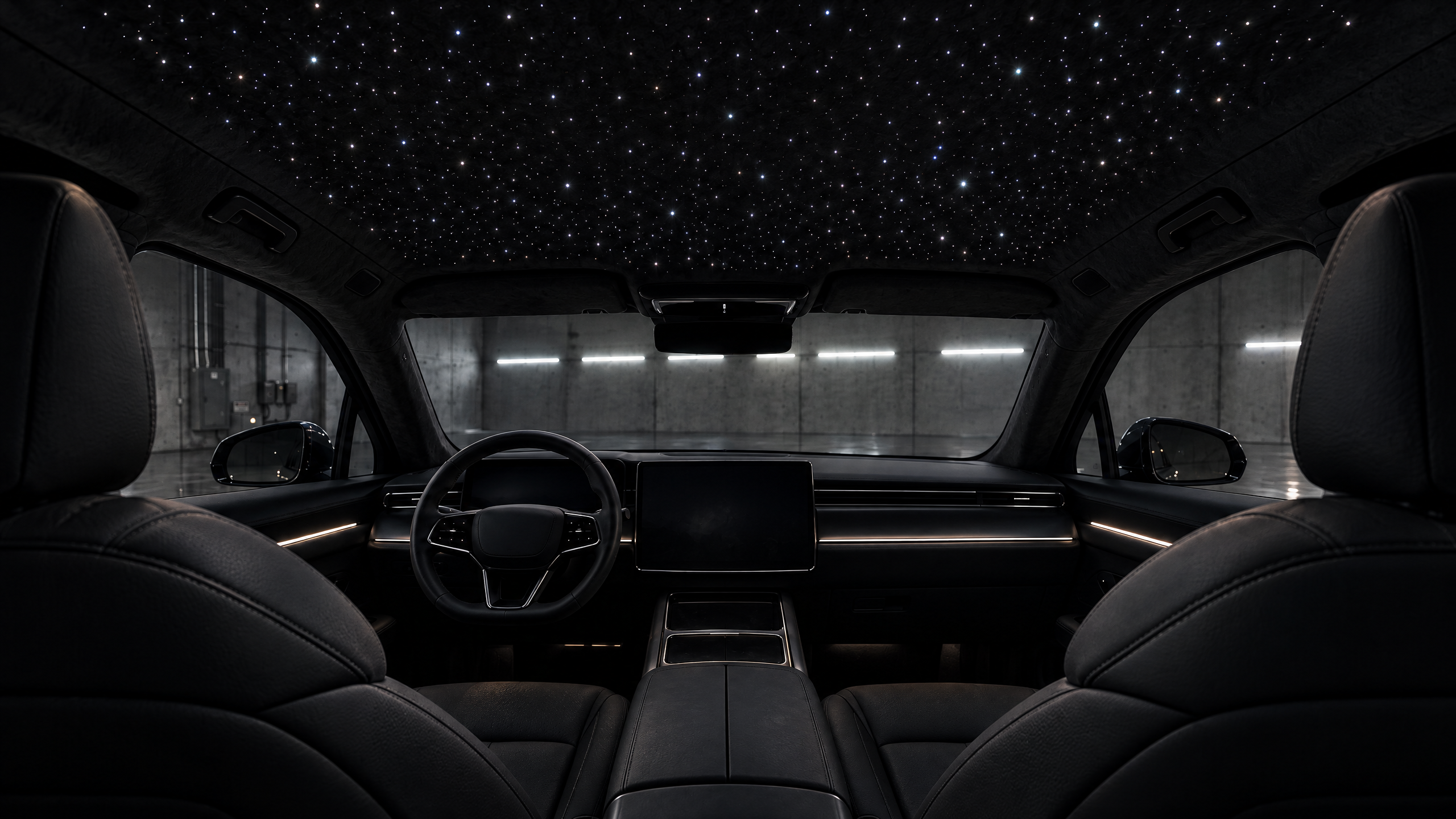 Custom starlight headliner installation and premium automotive lighting in Houston, Texas. Interior view of a luxury vehicle featuring a bespoke fiber optic star ceiling. Expert interior lighting upgrades for Teslas, exotics, and custom builds across