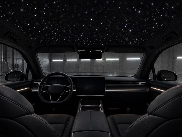 Custom starlight headliner installation and premium automotive lighting in Houston, Texas. Interior view of a luxury vehicle featuring a bespoke fiber optic star ceiling. Expert interior lighting upgrades for Teslas, exotics, and custom builds across The Woodlands, Katy, and Sugar Land.