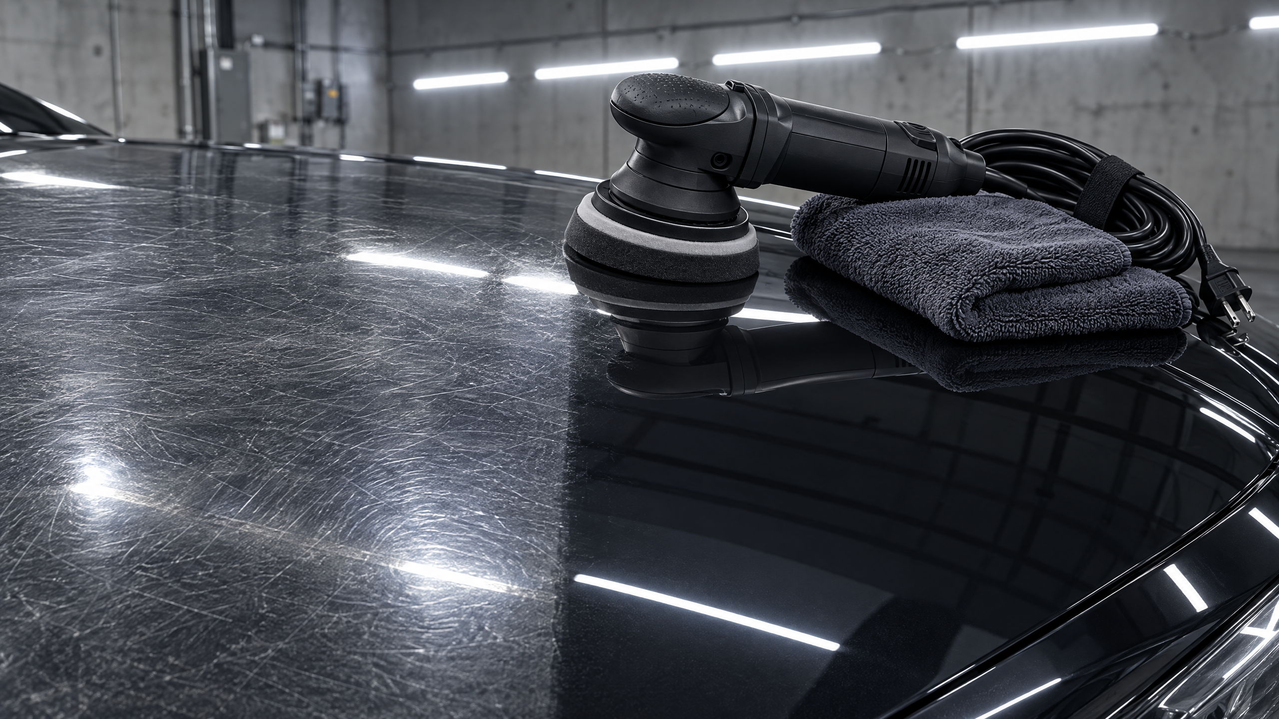 Professional automotive paint correction and scratch removal in Houston. Multi-stage machine polishing restoring the clear coat on a dark metallic sports car to a flawless, mirror-like finish. Trusted by exotic and luxury vehicle owners throughout Texas.