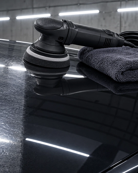 Professional automotive paint correction and scratch removal in Houston. Multi-stage machine polishing restoring the clear coat on a dark metallic sports car to a flawless, mirror-like finish. Trusted by exotic and luxury vehicle owners throughout Texas.