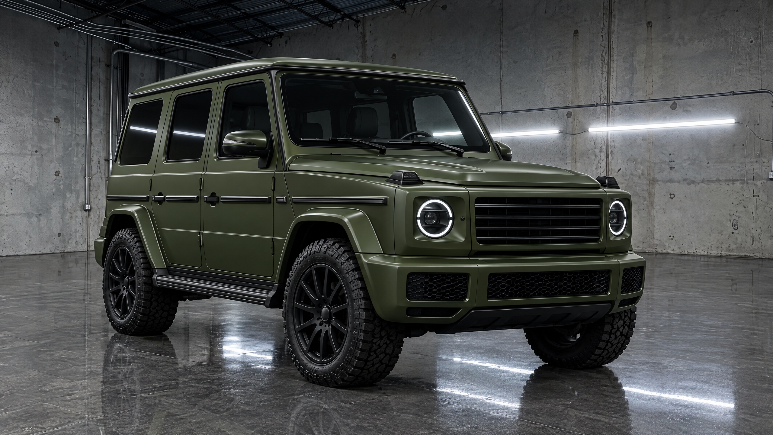 Military green full-body vinyl wrap on a Mercedes-Benz G-Wagon in Houston, Texas. Premium matte cast wrap installation and precision boxy panel edge relief for high-end off-road SUVs.